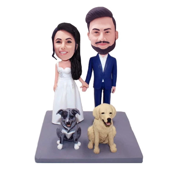Custom Wedding Cake Toppers Bride Groom with 2 Dogs