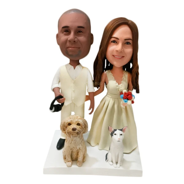 Custom Wedding Cake Topper Bobblehead Couple with Pets
