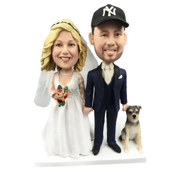 Custom Couple Bobblehead Wedding Cake Topper with Dog
