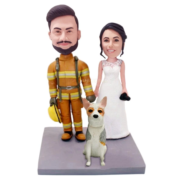 Custom Firefighter Couple Bobblehead Wedding Cake Topper with dog