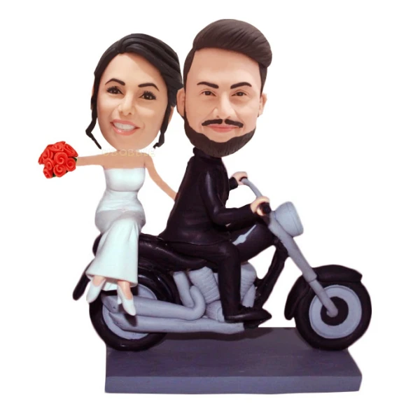 Custom Wedding Cake Toppers, Couple riding on motorcycle Bobblehead