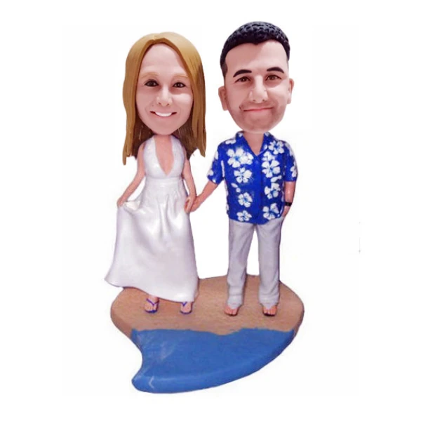 Personalized Hawaii Beach Theme Wedding Bobblehead Cake Toppers from Photo
