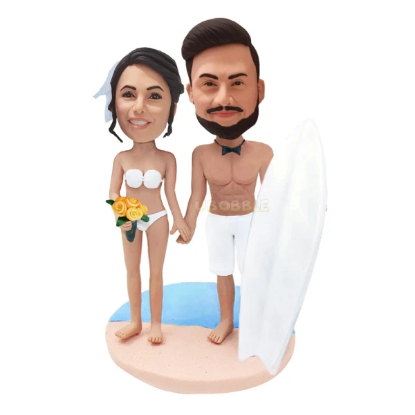 Custom Funny Wedding Bobblehead Cake Topper, Beach Surfing Couple
