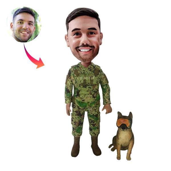 Custom Army Soldier Bobblehead, Wearing Military Uniform and stand with dog